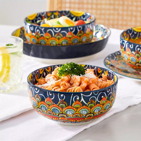 The Simi Set of 6 Double-Sided Stoneware Bowls by vancasso features a stylish boho chic design in forest green