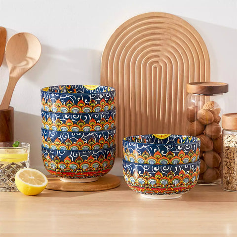 The Simi Set of 6 Double-Sided Stoneware Bowls by vancasso features a stylish boho chic design in forest green