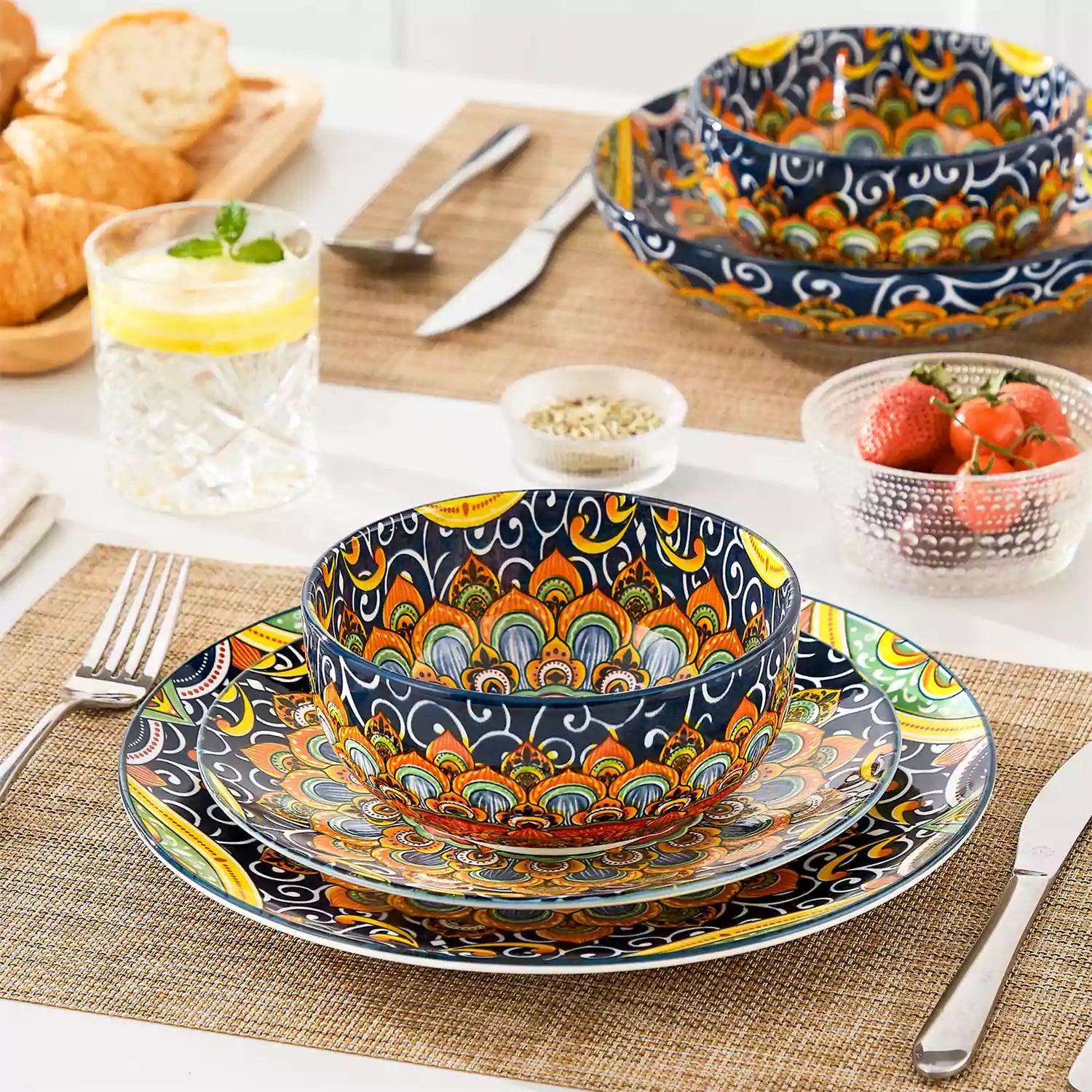 The Simi Set of 6 Double-Sided Stoneware Bowls by vancasso features a stylish boho chic design in forest green