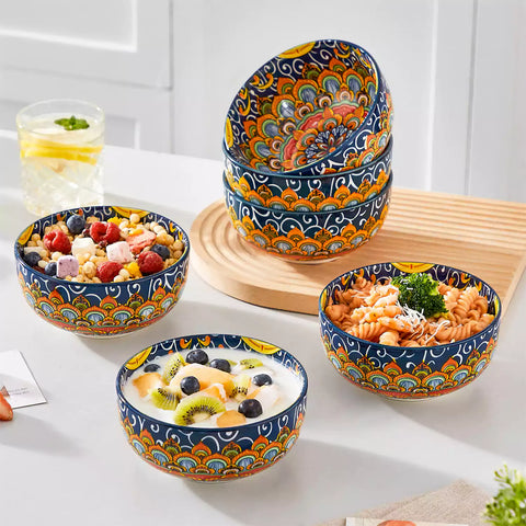 The Simi Set of 6 Double-Sided Stoneware Bowls by vancasso features a stylish boho chic design in forest green