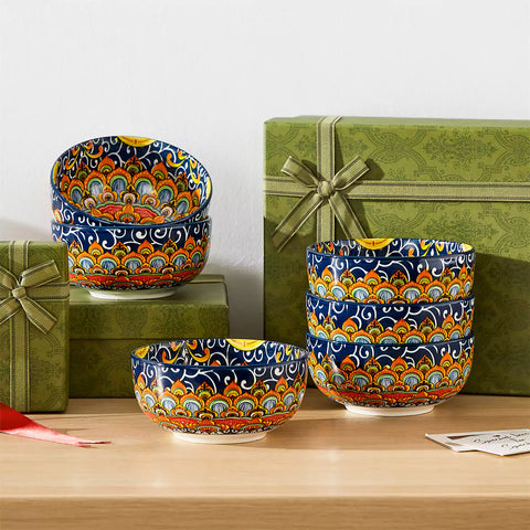The Simi Set of 6 Double-Sided Stoneware Bowls by vancasso features a stylish boho chic design in forest green