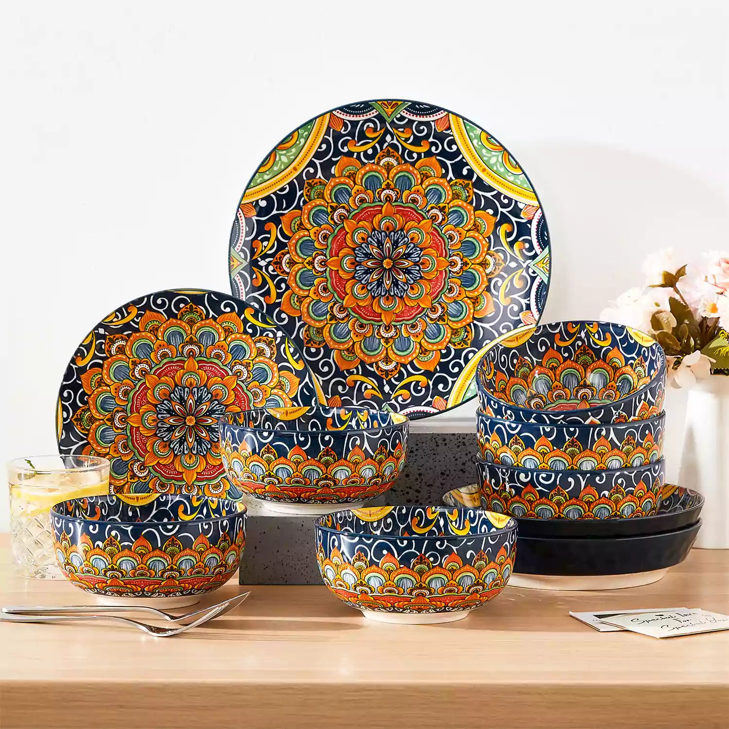 The Simi Set of 6 Double-Sided Stoneware Bowls by vancasso features a stylish boho chic design in forest green