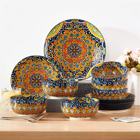 The Simi Set of 6 Double-Sided Stoneware Bowls by vancasso features a stylish boho chic design in forest green