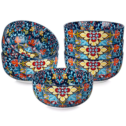 The Simi Set of 6 Double-Sided Stoneware Bowls by vancasso features a stylish boho chic design in midnight blue