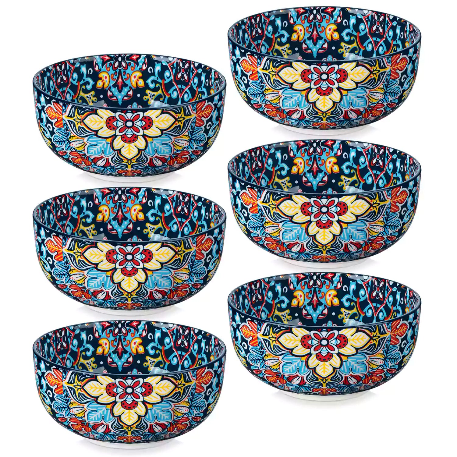 The Simi Set of 6 Double-Sided Stoneware Bowls by vancasso features a stylish boho chic design in midnight blue