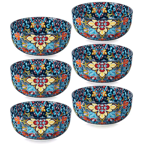 The Simi Set of 6 Double-Sided Stoneware Bowls by vancasso features a stylish boho chic design in midnight blue