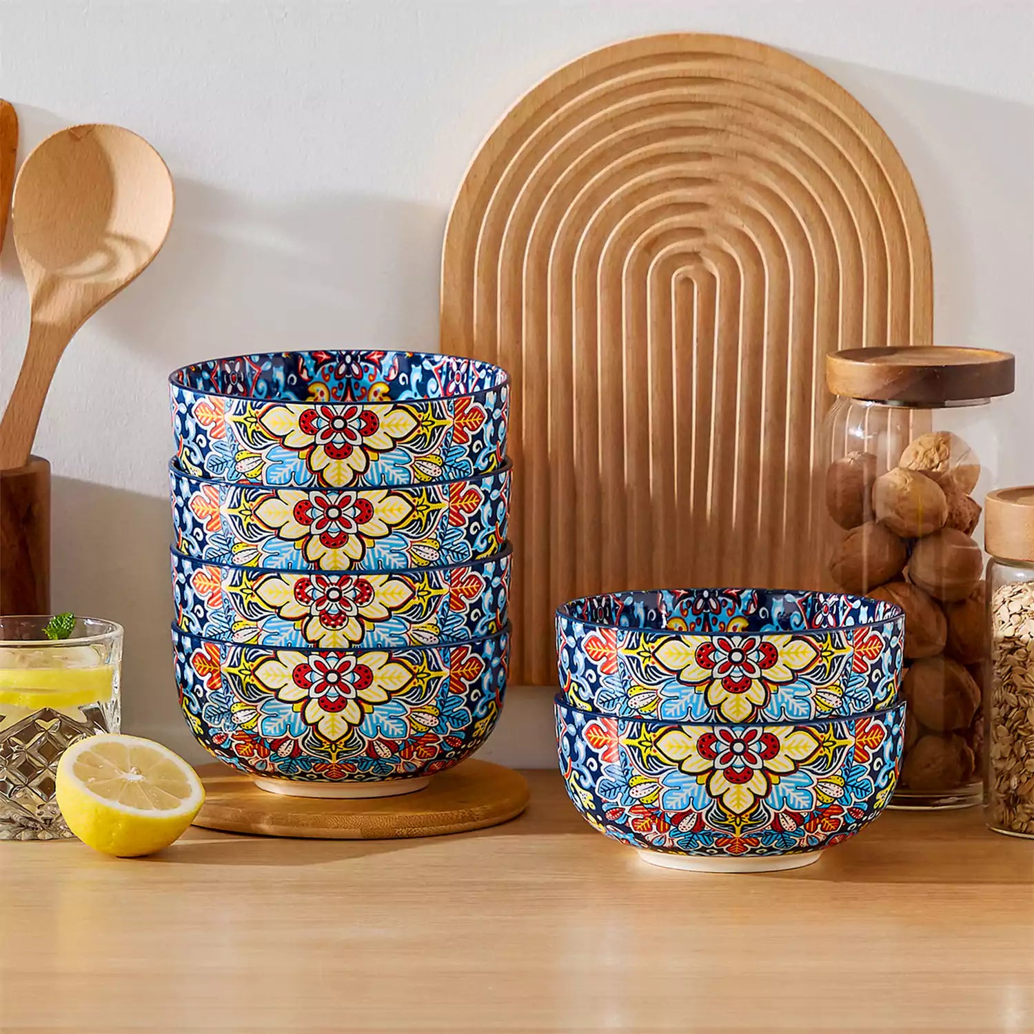 The Simi Set of 6 Double-Sided Stoneware Bowls by vancasso features a stylish boho chic design in midnight blue