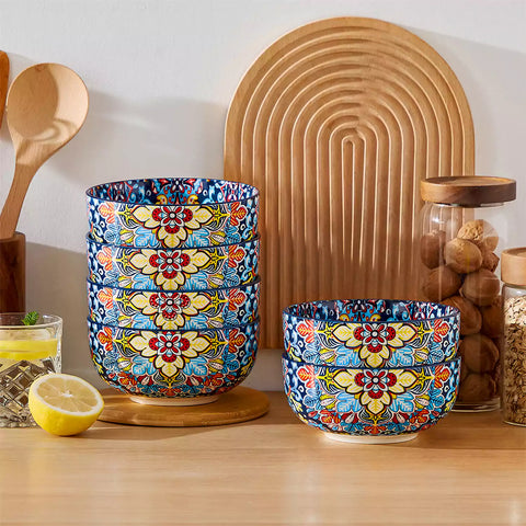 The Simi Set of 6 Double-Sided Stoneware Bowls by vancasso features a stylish boho chic design in midnight blue