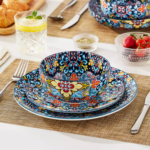 The Simi Set of 6 Double-Sided Stoneware Bowls by vancasso features a stylish boho chic design in midnight blue