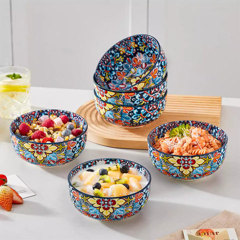 The Simi Set of 6 Double-Sided Stoneware Bowls by vancasso features a stylish boho chic design in midnight blue