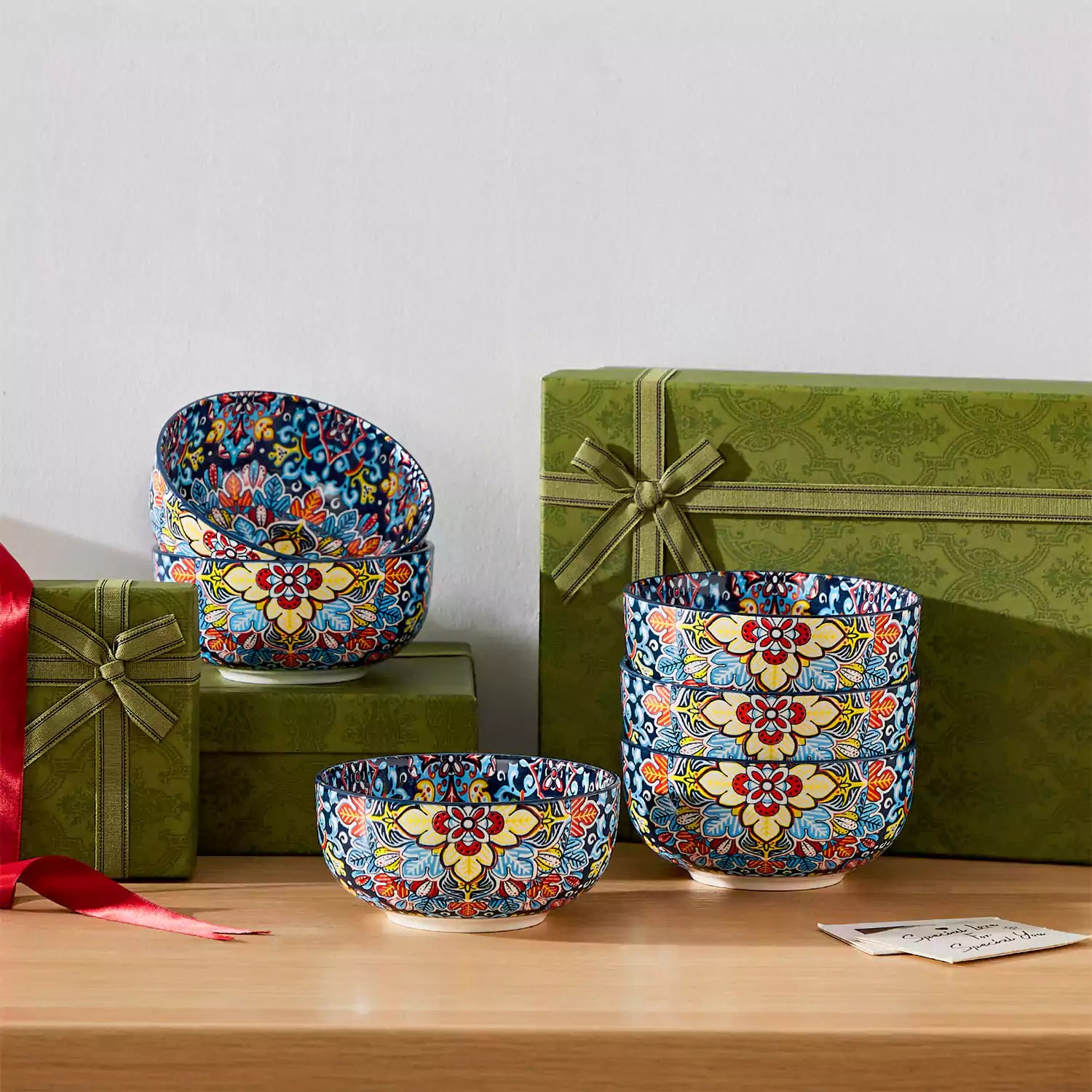 The Simi Set of 6 Double-Sided Stoneware Bowls by vancasso features a stylish boho chic design in midnight blue