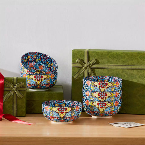 The Simi Set of 6 Double-Sided Stoneware Bowls by vancasso features a stylish boho chic design in midnight blue