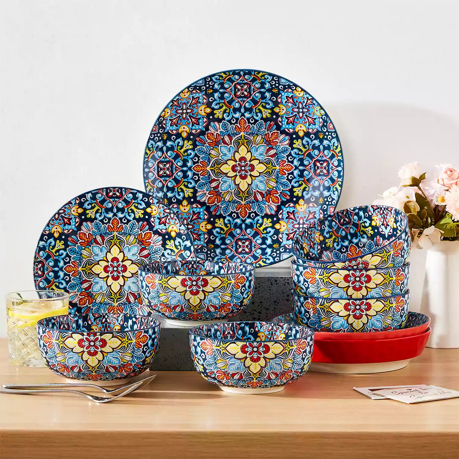 The Simi Set of 6 Double-Sided Stoneware Bowls by vancasso features a stylish boho chic design in midnight blue