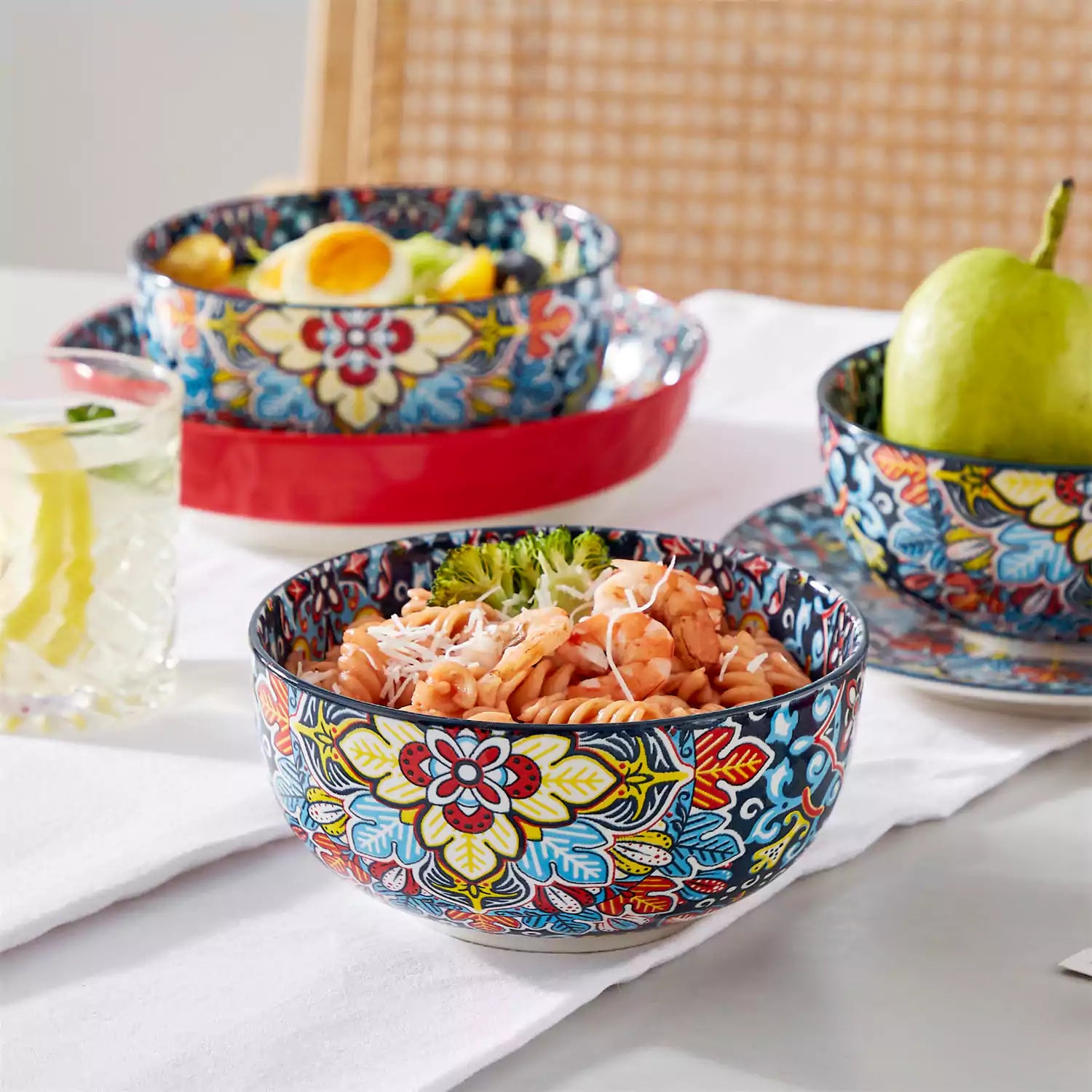 The Simi Set of 6 Double-Sided Stoneware Bowls by vancasso features a stylish boho chic design in midnight blue