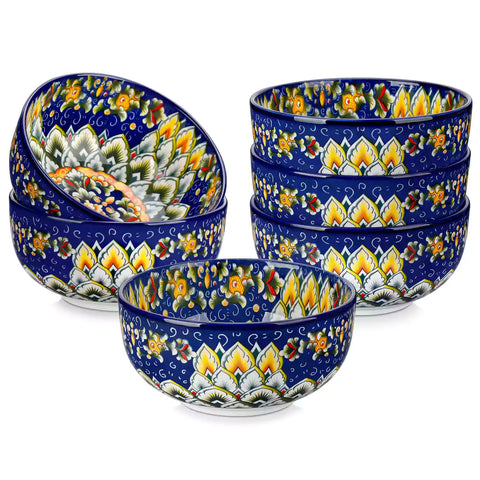 The Simi Set of 6 Double-Sided Stoneware Bowls by vancasso features a stylish boho chic design in navy blue
