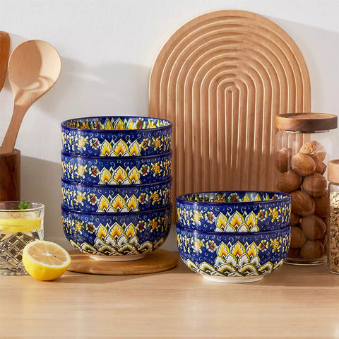The Simi Set of 6 Double-Sided Stoneware Bowls by vancasso features a stylish boho chic design in navy blue
