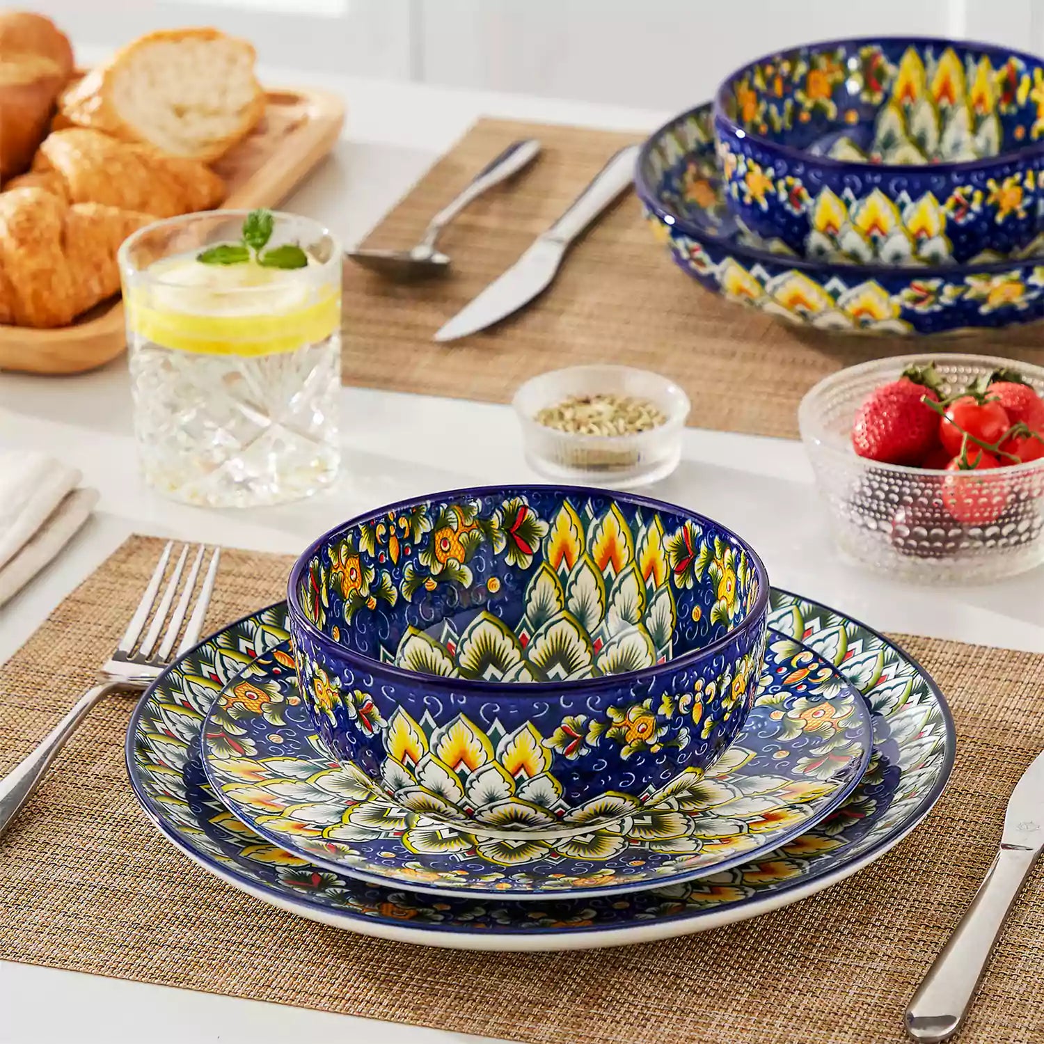 The Simi Set of 6 Double-Sided Stoneware Bowls by vancasso features a stylish boho chic design in navy blue