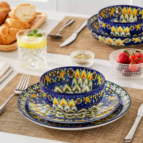 The Simi Set of 6 Double-Sided Stoneware Bowls by vancasso features a stylish boho chic design in navy blue