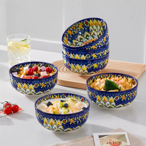 The Simi Set of 6 Double-Sided Stoneware Bowls by vancasso features a stylish boho chic design in navy blue
