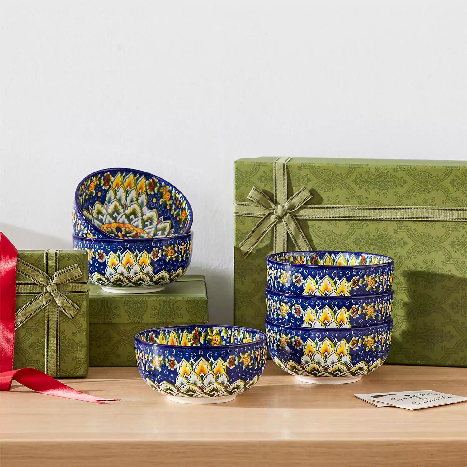 The Simi Set of 6 Double-Sided Stoneware Bowls by vancasso features a stylish boho chic design in navy blue