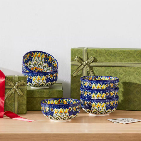 The Simi Set of 6 Double-Sided Stoneware Bowls by vancasso features a stylish boho chic design in navy blue