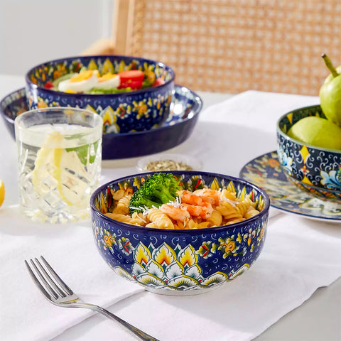 The Simi Set of 6 Double-Sided Stoneware Bowls by vancasso features a stylish boho chic design in navy blue
