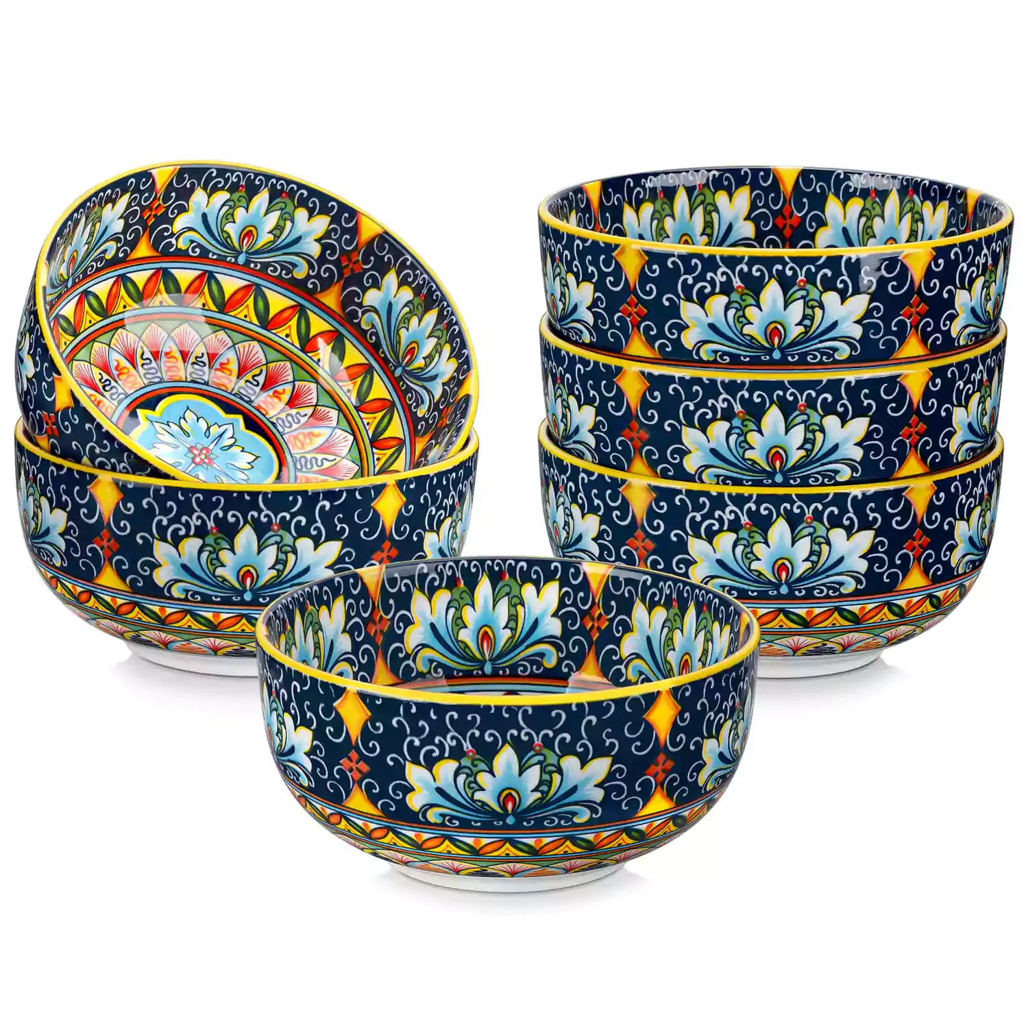 The Simi Set of 6 Double-Sided Stoneware Bowls by vancasso features a stylish boho chic design in bright yellow