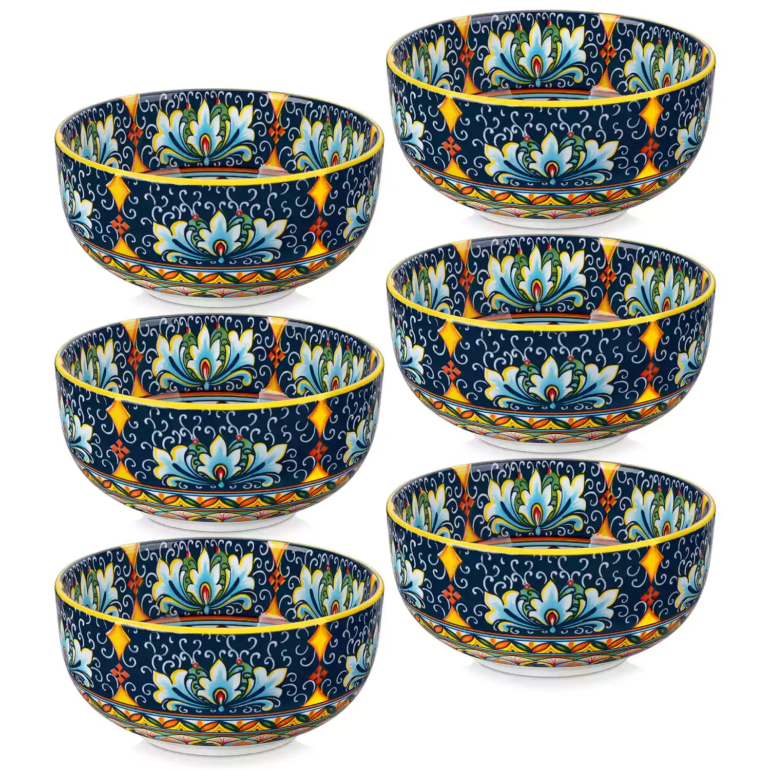 The Simi Set of 6 Double-Sided Stoneware Bowls by vancasso features a stylish boho chic design in bright yellow