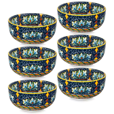 The Simi Set of 6 Double-Sided Stoneware Bowls by vancasso features a stylish boho chic design in bright yellow