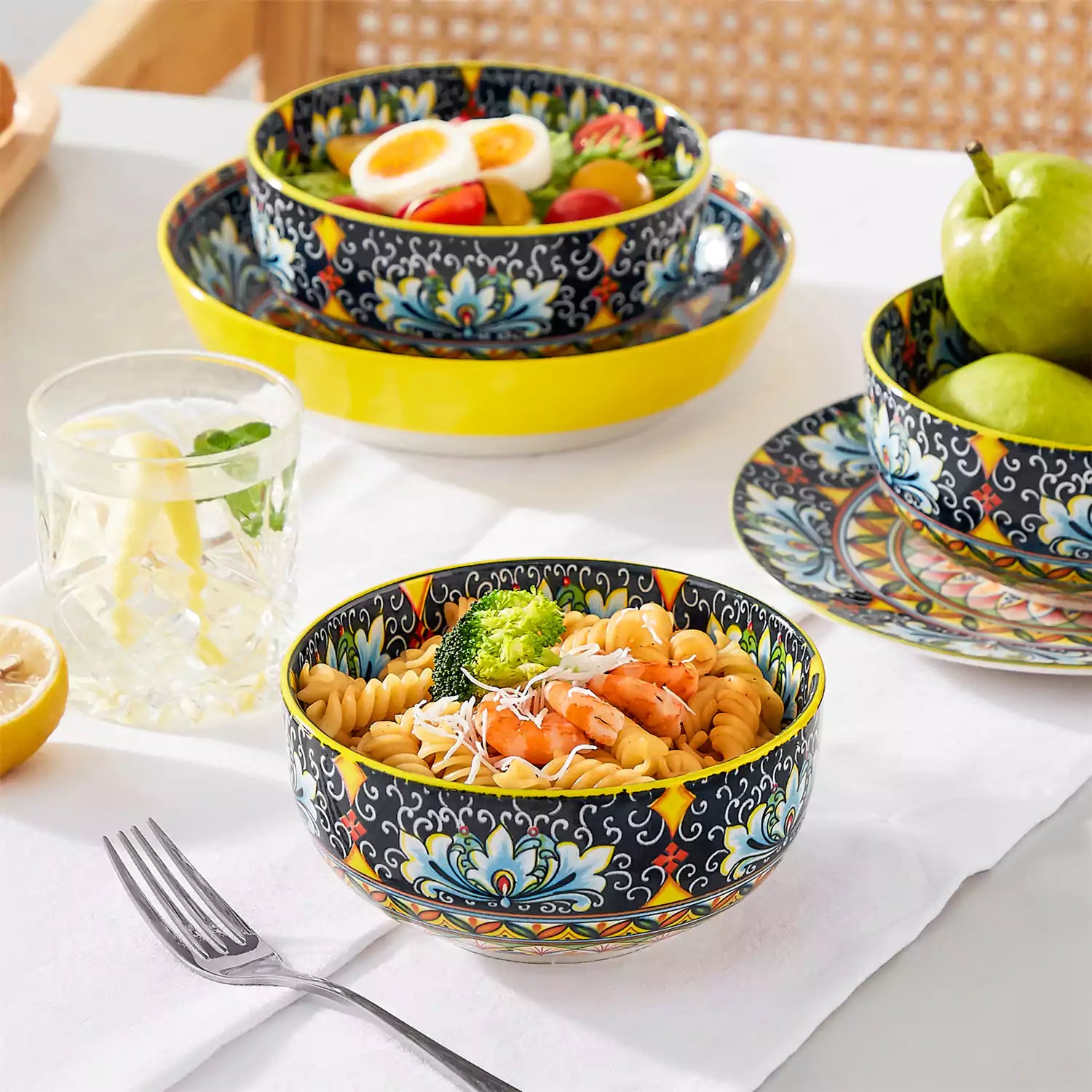 The Simi Set of 6 Double-Sided Stoneware Bowls by vancasso features a stylish boho chic design in bright yellow