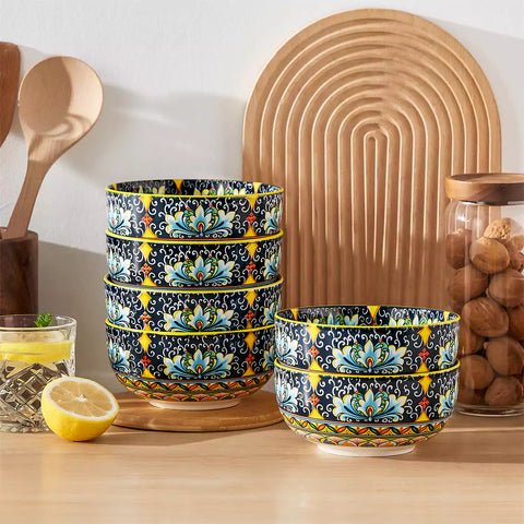 The Simi Set of 6 Double-Sided Stoneware Bowls by vancasso features a stylish boho chic design in bright yellow