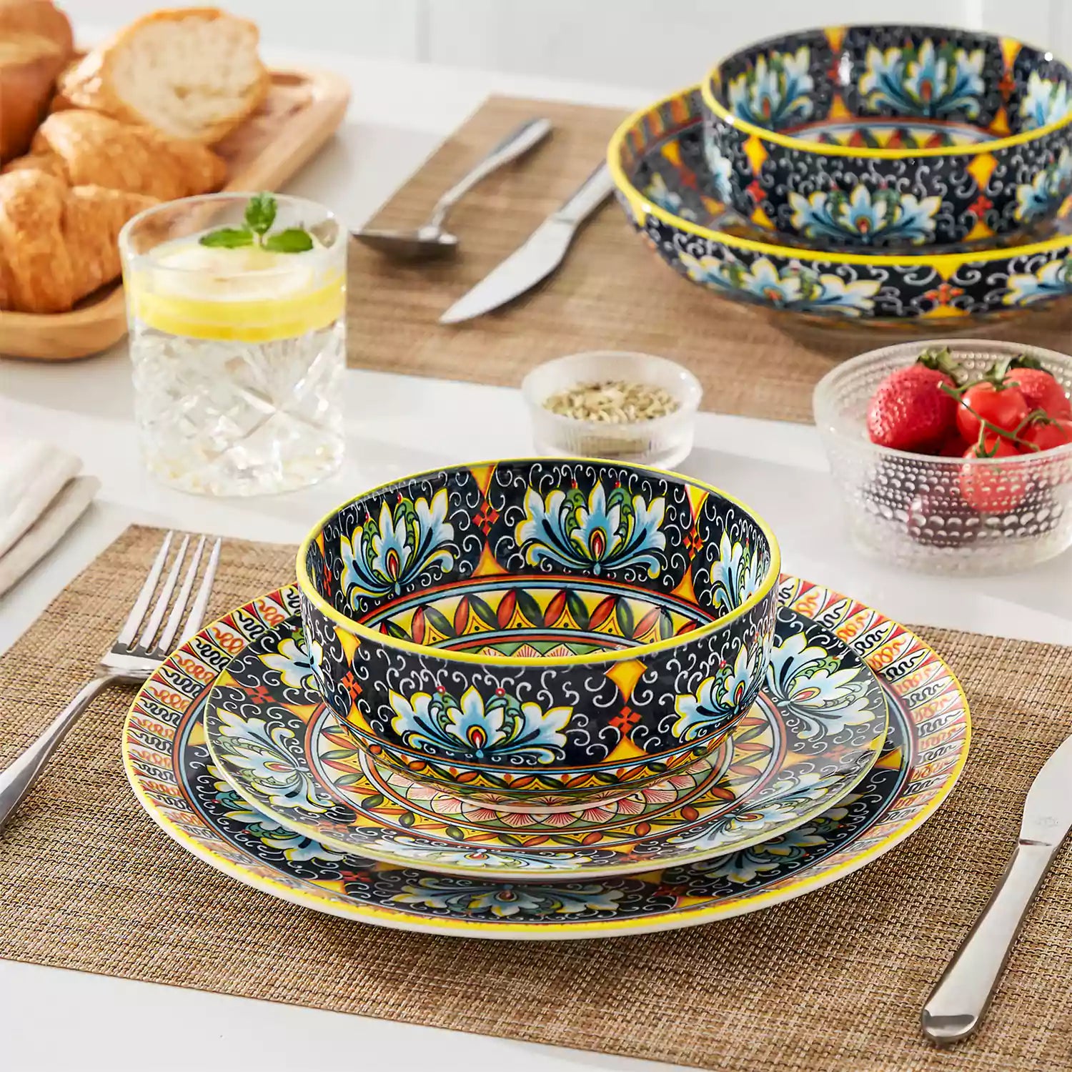 The Simi Set of 6 Double-Sided Stoneware Bowls by vancasso features a stylish boho chic design in bright yellow