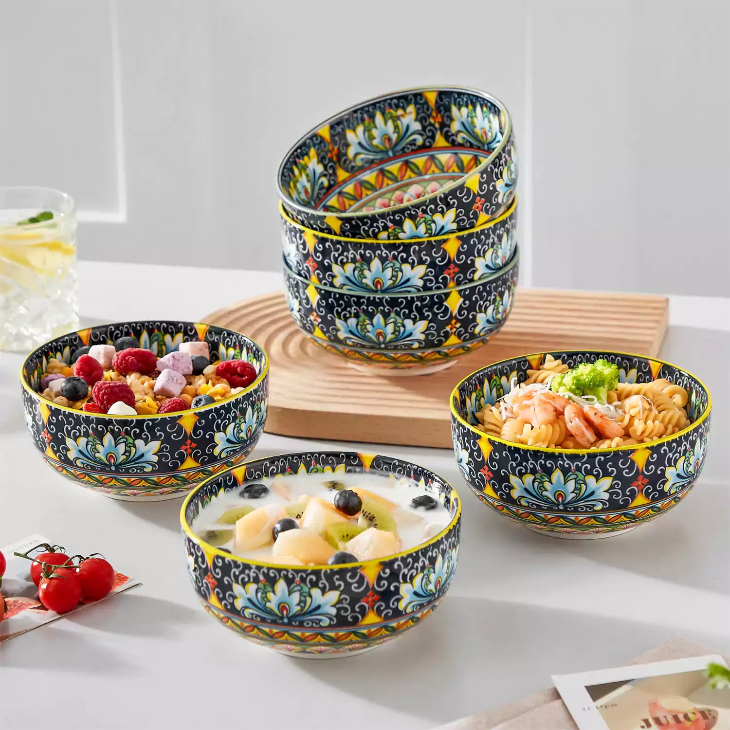 The Simi Set of 6 Double-Sided Stoneware Bowls by vancasso features a stylish boho chic design in bright yellow