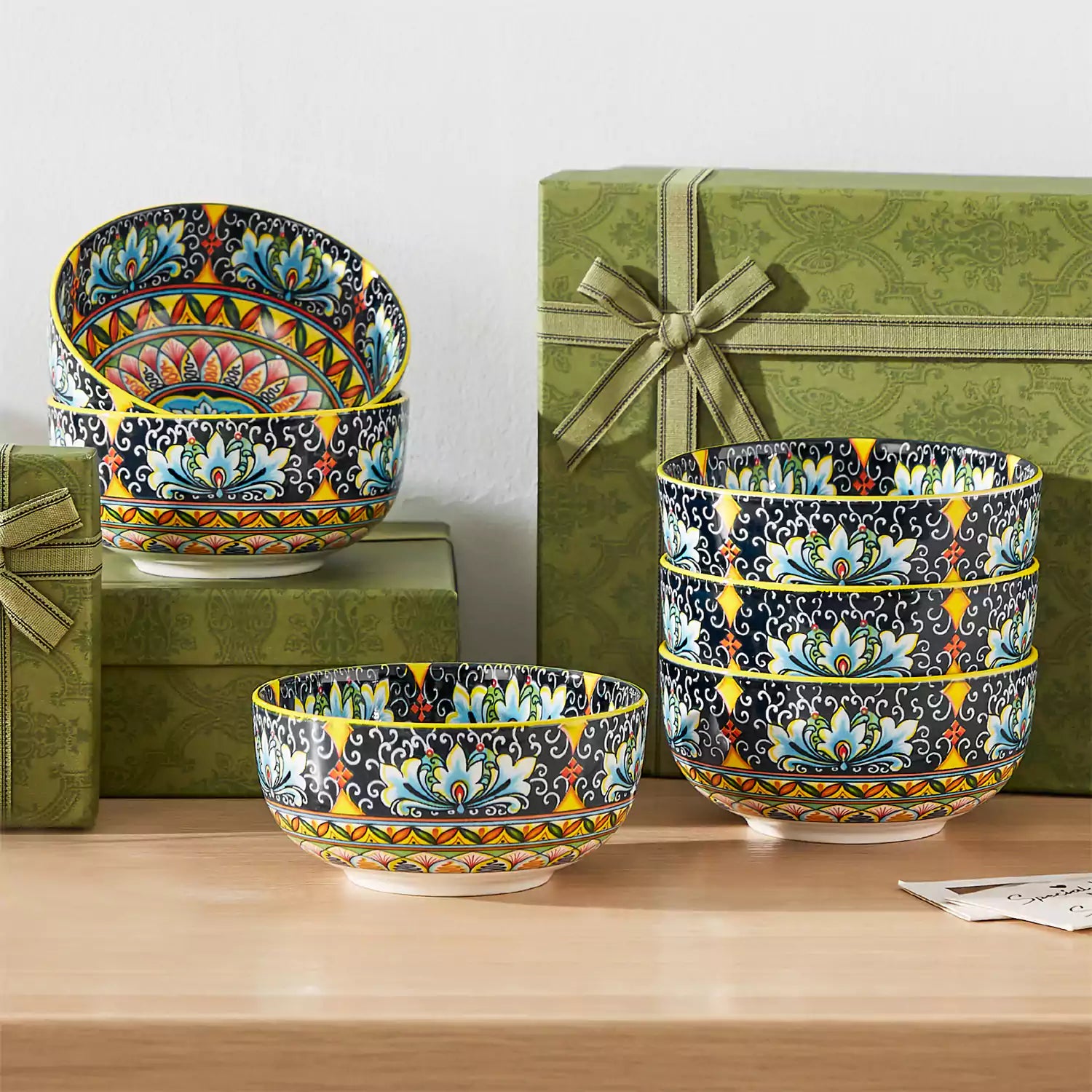 The Simi Set of 6 Double-Sided Stoneware Bowls by vancasso features a stylish boho chic design in bright yellow