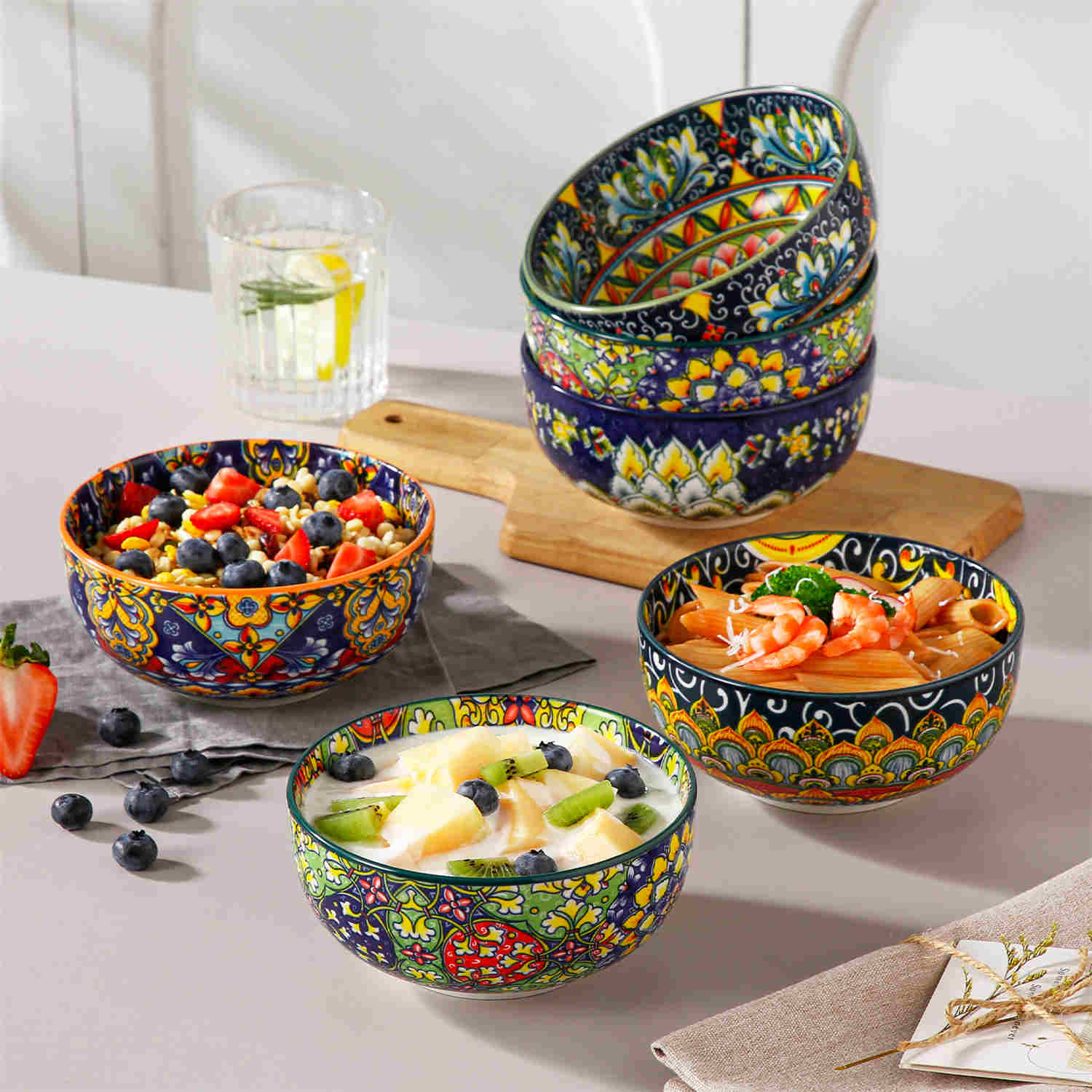 The Simi Set of 6 Double-Sided Stoneware Bowls by vancasso features a stylish boho chic design in assorted colors