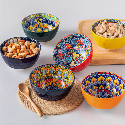 Set Of 6 Bohemian-Style Porcelain Mini Cereal Bowls - Perfect For Serving Cereal or Snacks or Desserts.