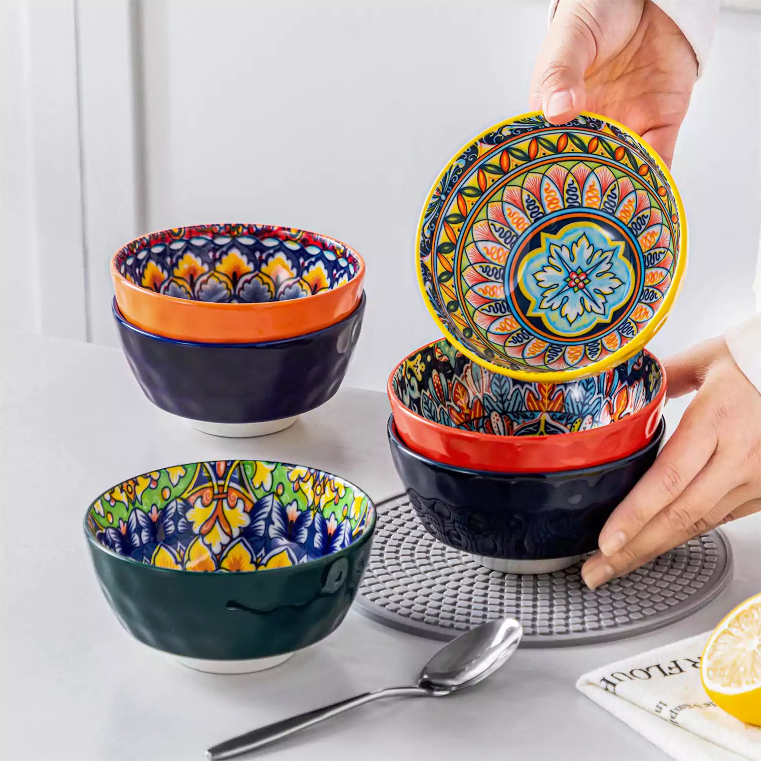 Set Of 6 Bohemian-Style Porcelain Mini Cereal Bowls - Perfect For Serving Cereal or Snacks or Desserts.