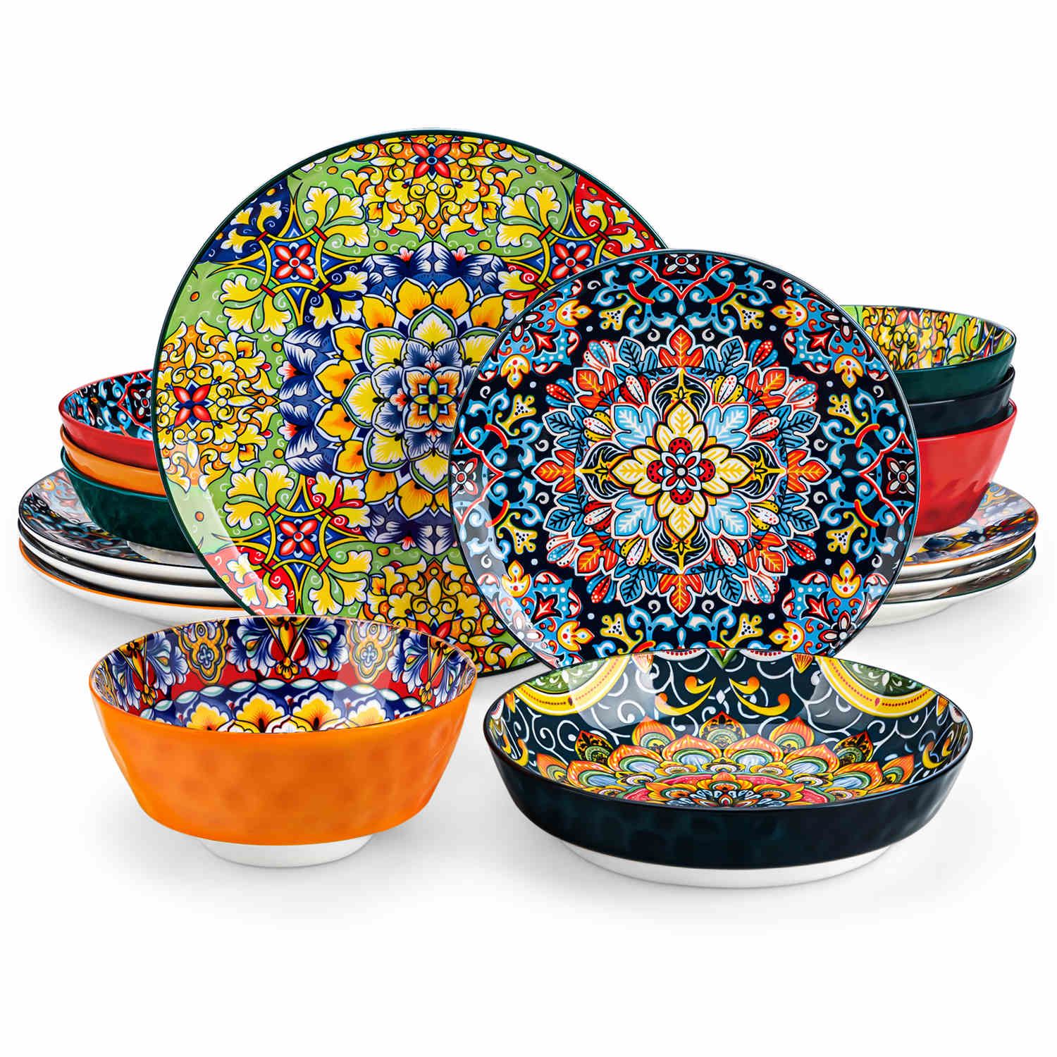 Boho Chic Simi 16-Piece Porcelain Dinnerware Set in Assorted Colors with Embossed Cereal Bowls