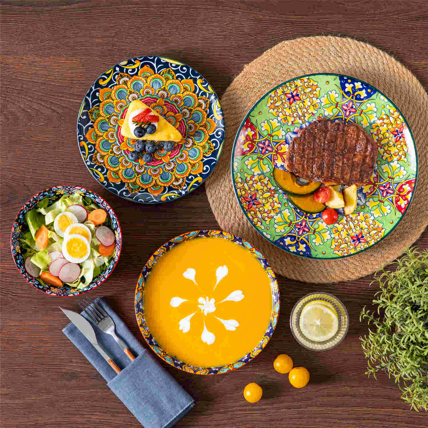 Boho Chic Simi 16-Piece Porcelain Dinnerware Set in Assorted Colors with Embossed Cereal Bowls
