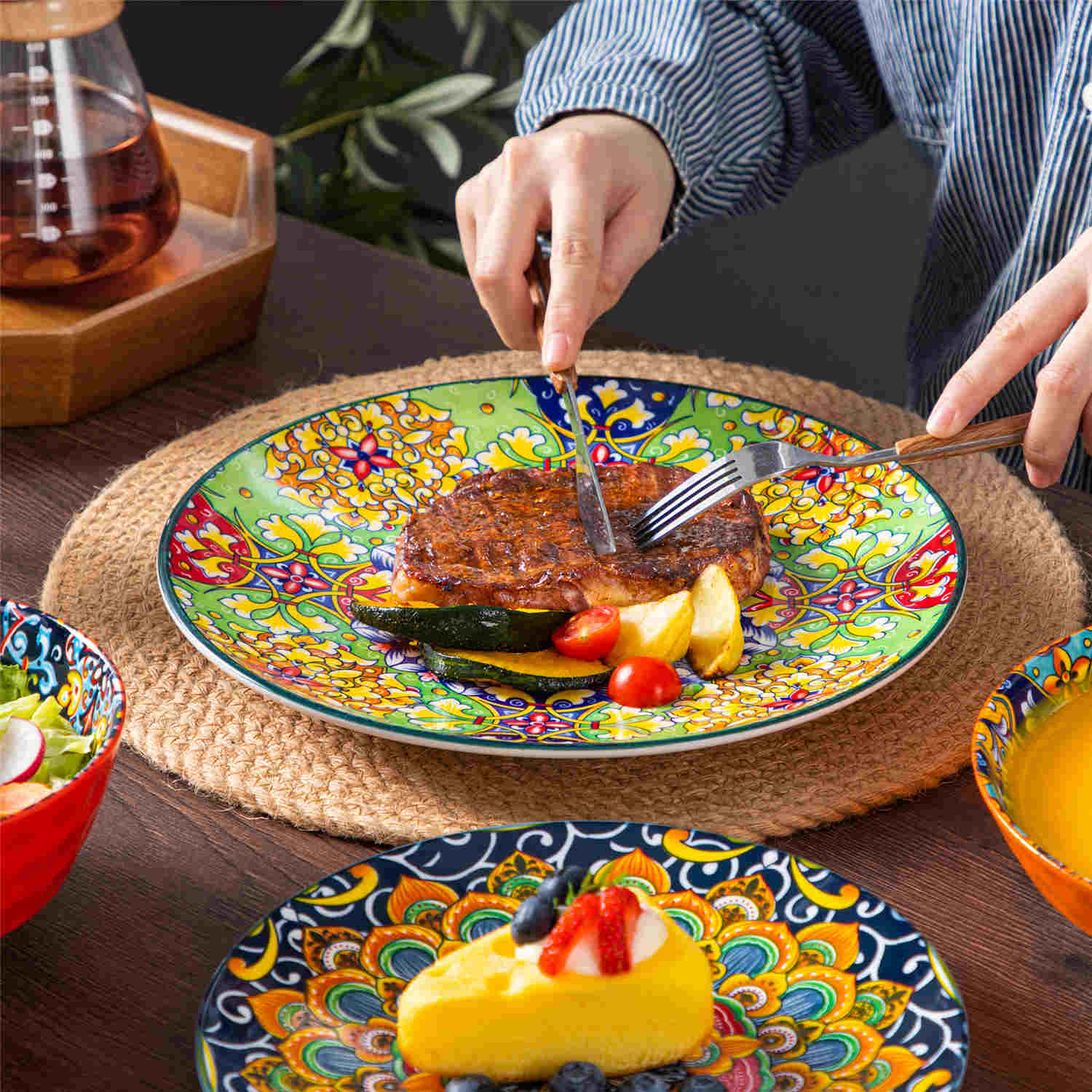 Boho Chic Simi 16-Piece Porcelain Dinnerware Set in Assorted Colors with Embossed Cereal Bowls