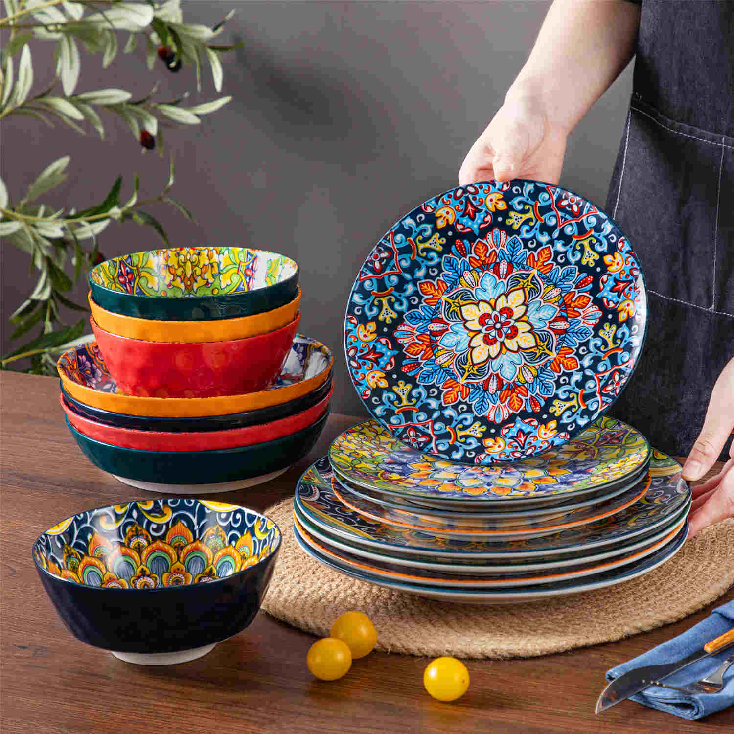 Boho Chic Simi 16-Piece Porcelain Dinnerware Set in Assorted Colors with Embossed Cereal Bowls