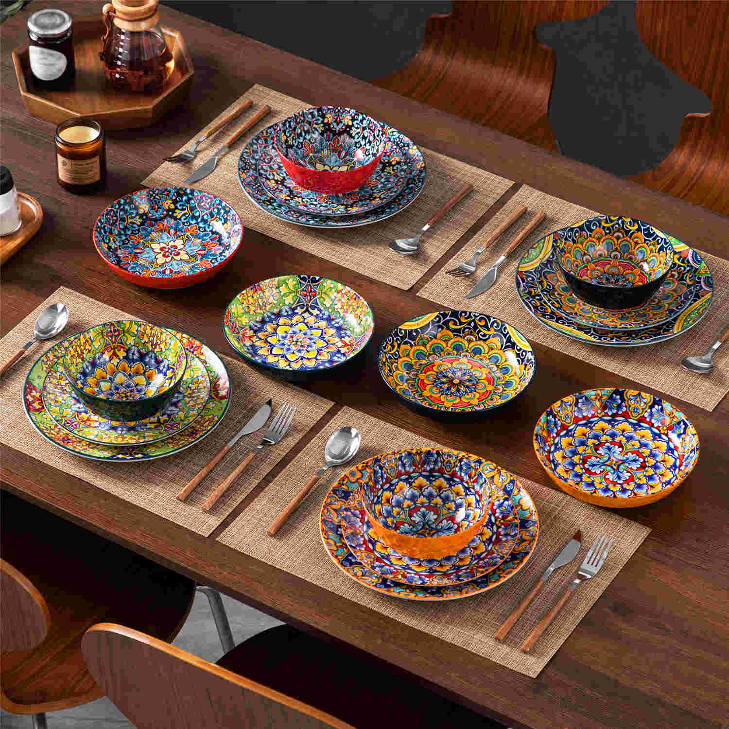 Boho Chic Simi 16-Piece Porcelain Dinnerware Set in Assorted Colors with Embossed Cereal Bowls