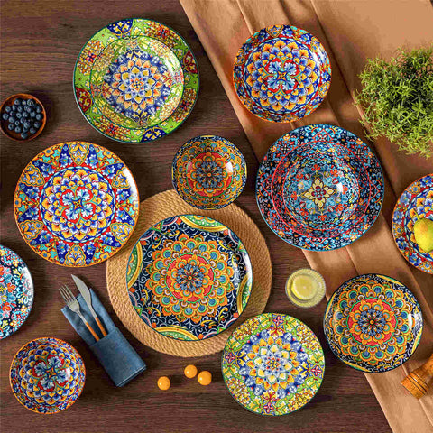 Boho Chic Simi 16-Piece Porcelain Dinnerware Set in Assorted Colors with Embossed Cereal Bowls