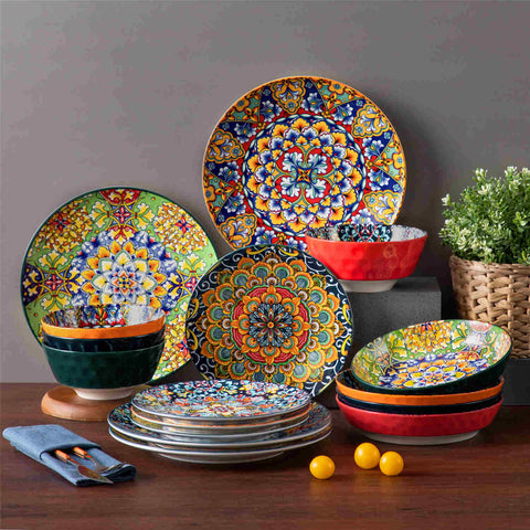 Boho Chic Simi 16-Piece Porcelain Dinnerware Set in Assorted Colors with Embossed Cereal Bowls