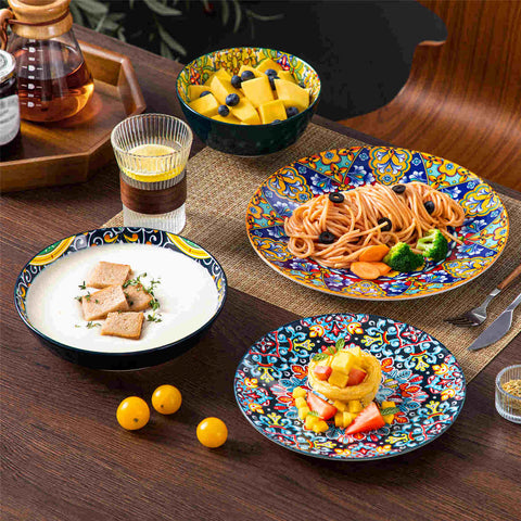 Boho Chic Simi 16-Piece Porcelain Dinnerware Set in Assorted Colors with Embossed Cereal Bowls