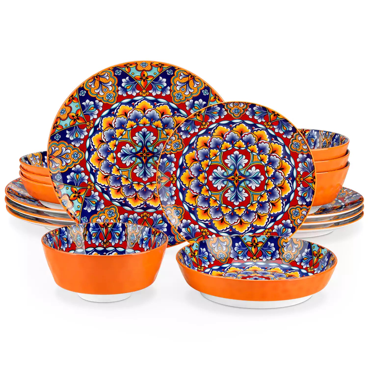 Boho Chic Simi 16-Piece Porcelain Dinnerware Set in Bold Orange with Embossed Cereal Bowls