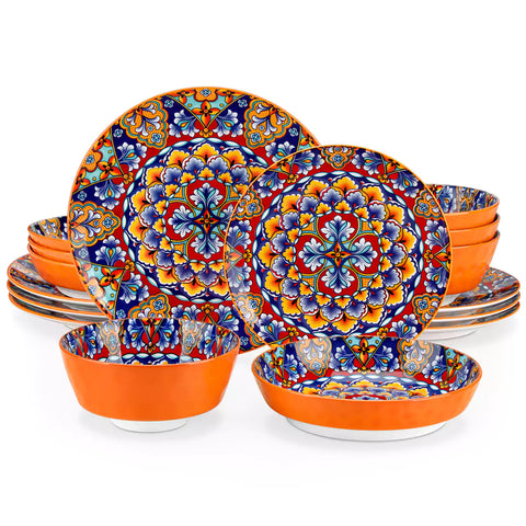 Boho Chic Simi 16-Piece Porcelain Dinnerware Set in Bold Orange with Embossed Cereal Bowls