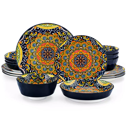 Boho Chic Simi 16-Piece Porcelain Dinnerware Set in Hunter Green with Embossed Cereal Bowls