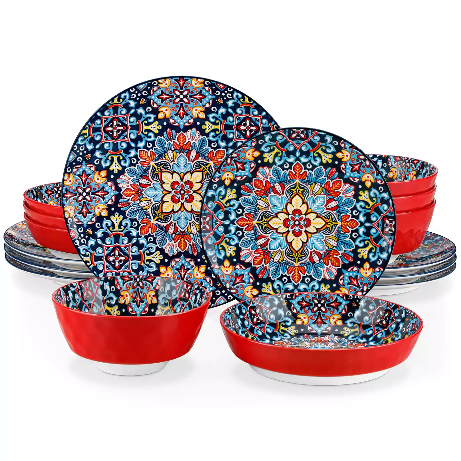 Boho Chic Simi 16-Piece Porcelain Dinnerware Set in Vivid Red with Embossed Cereal Bowls