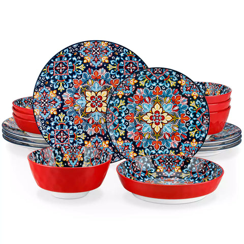 Boho Chic Simi 16-Piece Porcelain Dinnerware Set in Vivid Red with Embossed Cereal Bowls